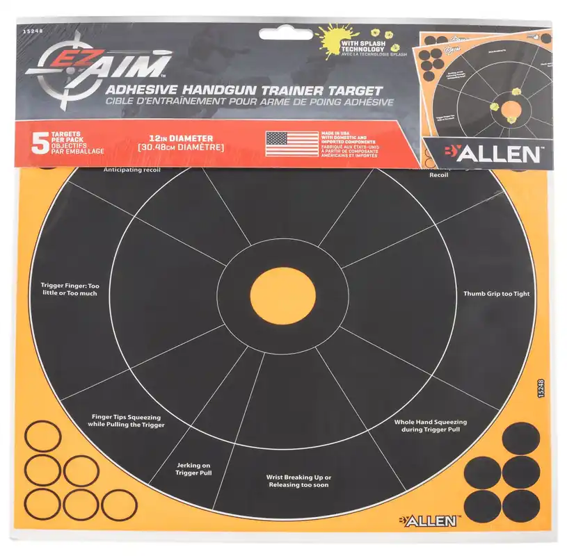 EZ-Aim Splash Training Target Self-Adhesive Paper Handgun Black/Orange Circle Includes Pasters 5 Pack