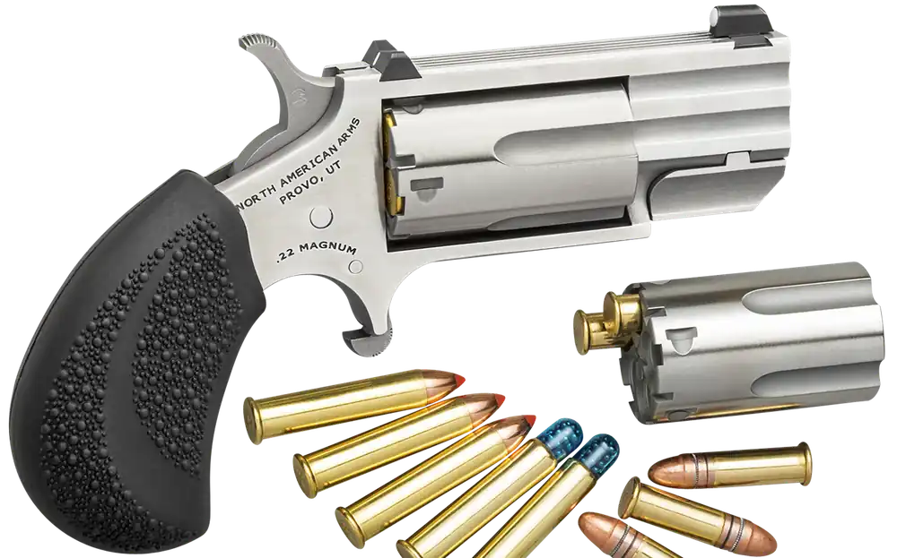 North American Arms PUGDC Pug 22 LR or 22 WMR Caliber with 1" Barrel, 5rd Capacity Cylinder, Overall Stainless Steel Finish & Black Rubber Grip Includes Cylinder