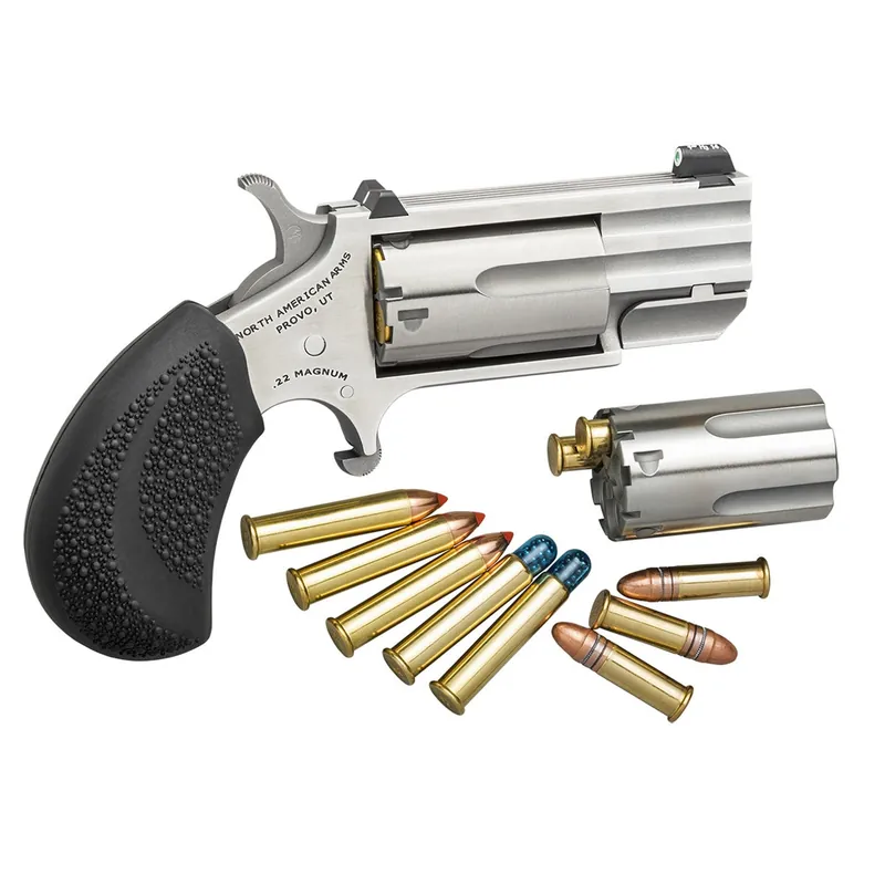 North American Arms PUGTC Pug 22 LR or 22 WMR Caliber with 1" Barrel, 5rd Capacity Cylinder, Overall Stainless Steel Finish & Black Rubber Grip Includes Cylinder