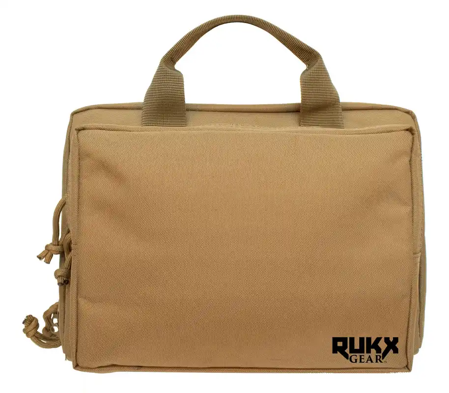 Double Pistol Water Resistant Tan 600D Polyester with Ammo & Range Tool Compartments, Non-Rust Zippers & Convenient Carry Handle 12.50 x 9.50" x 4.50" Interior Dimensions"