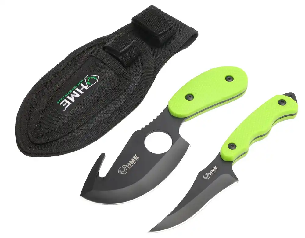 HME Skinning Kit 3.50" Fixed Skinner w/Gut Hook/Caping Plain/Gut Hook Black Oxide 420HC Blade TPR Green Handle