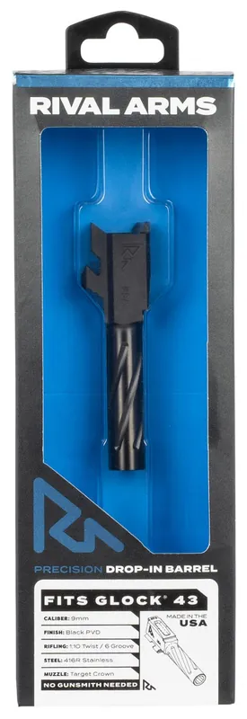 Rival Arms Precision V1 Drop-In Barrel 9mm Luger 3.41" Black PVD Finish 416R Stainless Steel Material for Glock 43