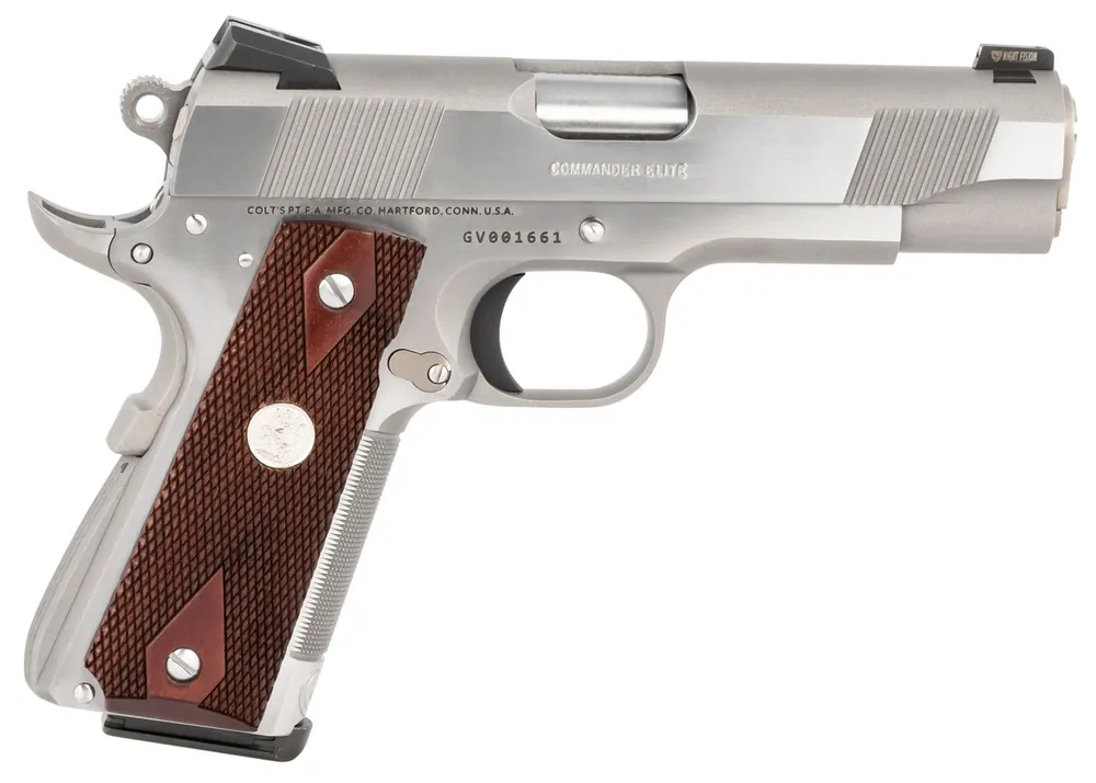 Colt Mfg Combat Elite Commander 45 ACP Pistol 4.25" Stainless/Double Diamond Checkered Wood Grip O4012XSZ