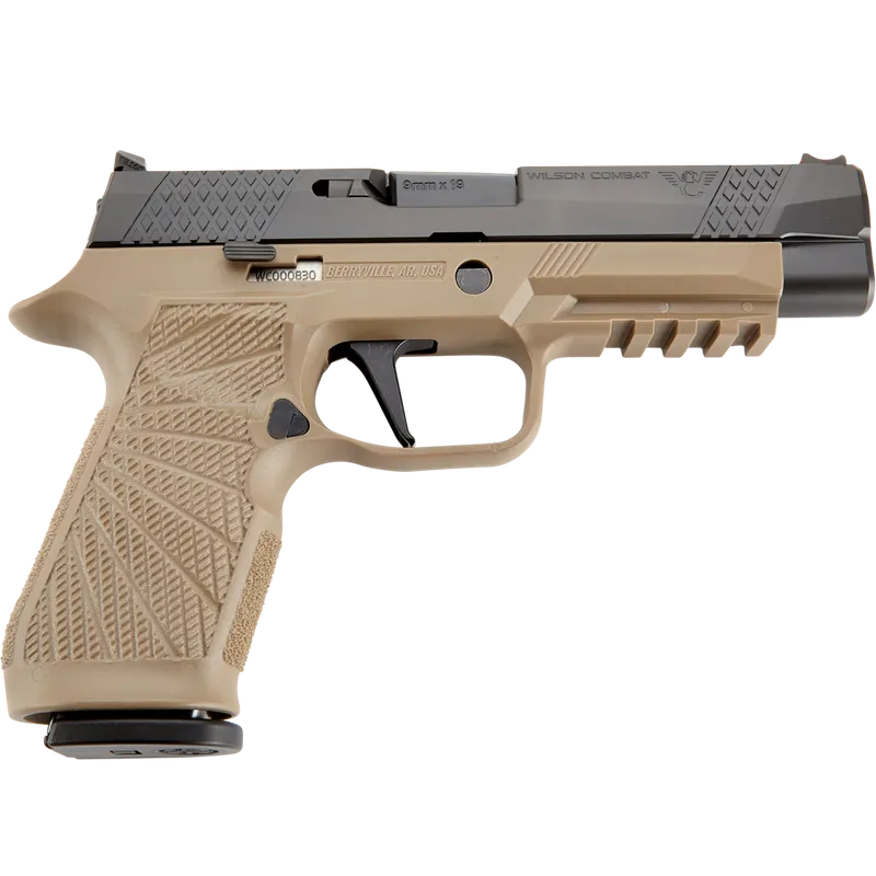Wilson Combat P320 9mm Luger Pistol 17+1 4.70" Barrel Stainless Slide Polymer Frame Fiber Optic Sights Flat Trigger Tan/Black SIGWCP320F9TATS