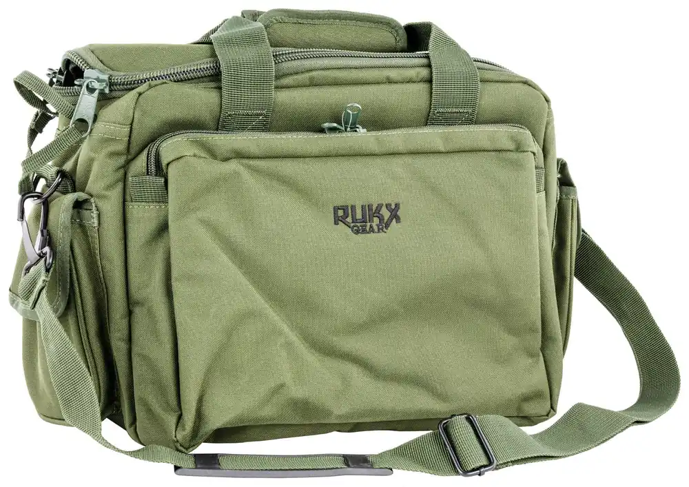 Rukx Gear Tactical Range Bag Water Resistant Green 600D Polyester with Hidden Handgun Pocket, Mag & Ammo Storage, Non-Rust Zippers & Carry Handle 16 x 7.50" x 10.50" Interior Dimensions"
