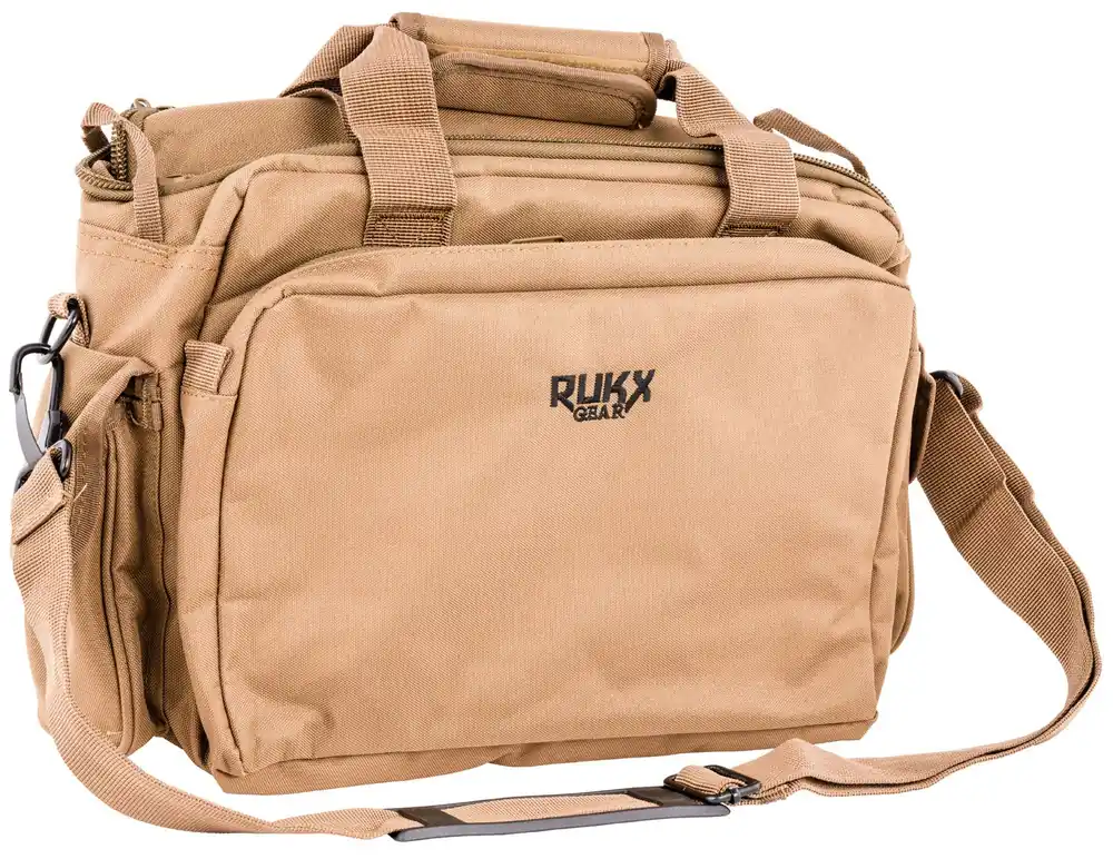 Rukx Gear Tactical Range Bag Water Resistant Tan 600D Polyester with Hidden Handgun Pocket, Mag & Ammo Storage, Non-Rust Zippers & Carry Handle 16 x 7.50" x 10.50" Interior Dimensions"