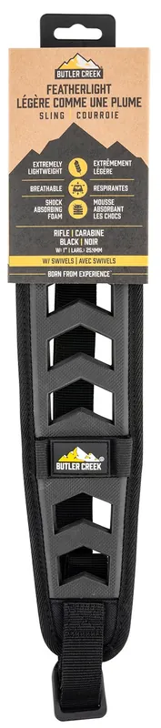 Butler Creek Featherlight Sling made of Black Foam with 22"-36" OAL, 3" W, Adjustable Design, 2 Cartridge Loops & Swivels for Rifles