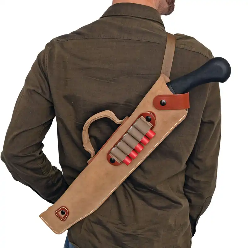 DeSantis Gunhide Kurz Shotgun Scabbard made of Leather with Natural Finish, Removable Ammo Carrier, Saddle Leather Trim & Non-Slip Shoulder Strap 14 L for 12 & 20 Gauge Mossberg Shockwave"
