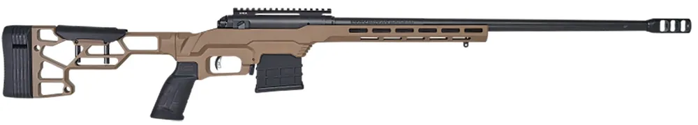 Savage Arms 110 Precision Left Hand Rifle .338 Lapua Magnum 5+1 24" Barrel w/Brake Adj Alum Chassis AccuTrigger Black/FDE 57698