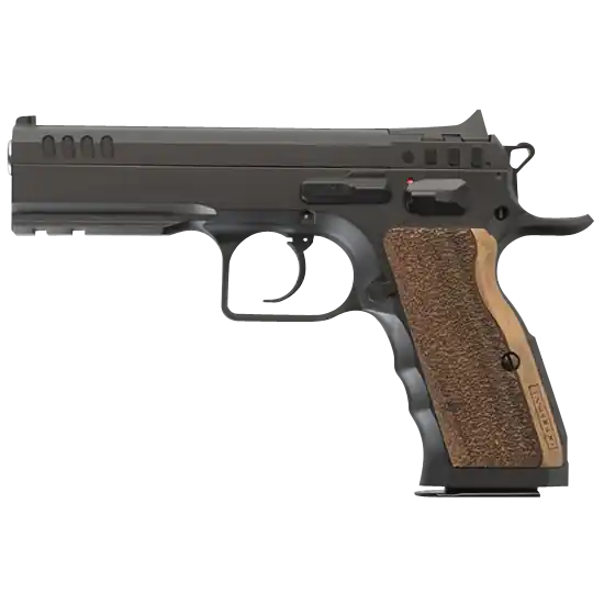 Tanfoglio Defiant Stock I 9mm 16+1 4.50" Barrel Steel Slide/Frame Hammer Thumb Safety Fixed Sights Rail Wood Grip TFSTOCKI9SF