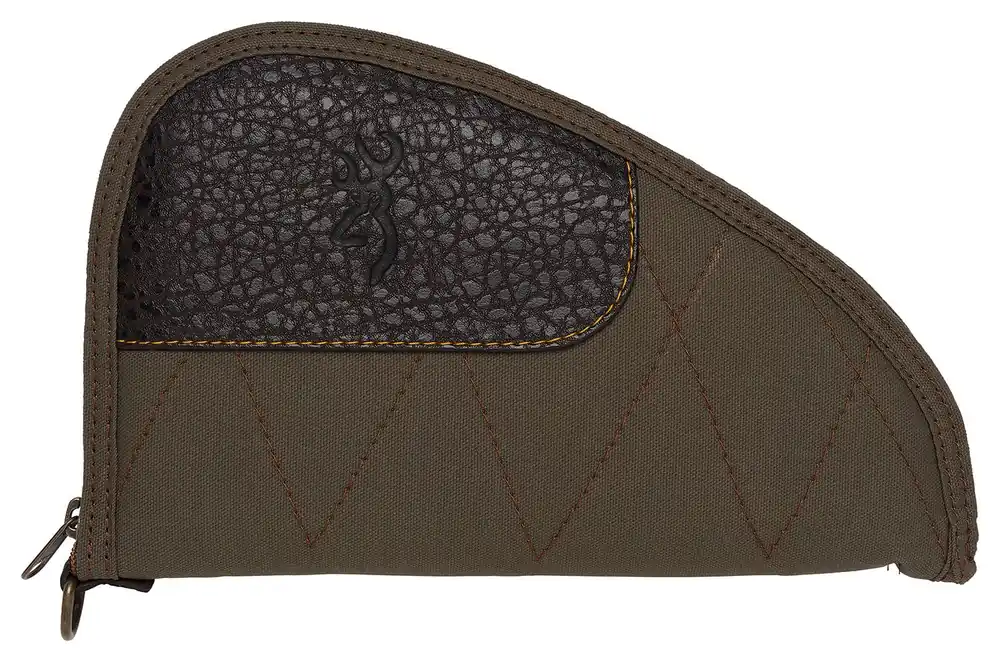Browning Laredo Pistol Rug made of Cotton Canvas with Leather Trim, Olive Finish with Brown Accents, Felt Lining, Open Cell Foam Padding & Zipper