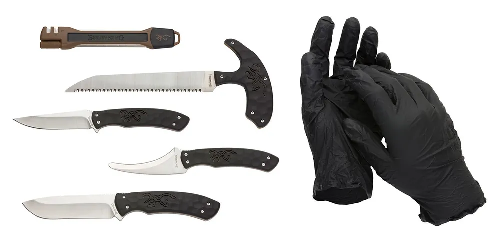 Browning Primal Combo 8Cr13MoV SS Skinner, Caper, Gut Tool, Bone Saw, Sharpening Tool Black Polymer Over-mold