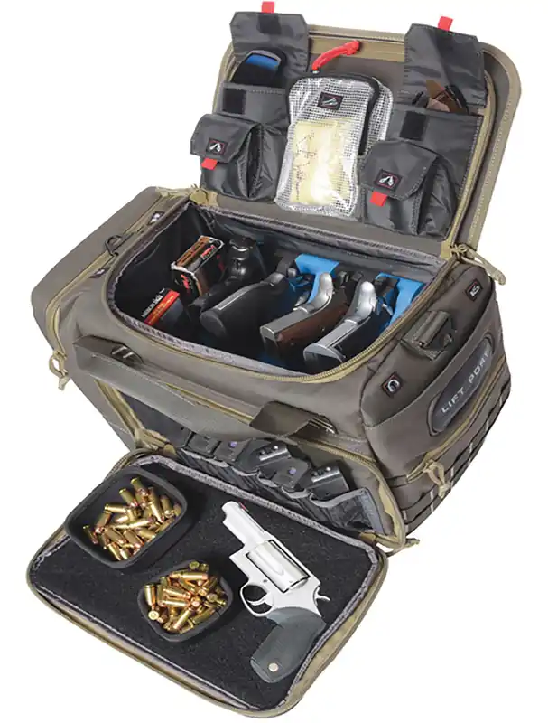 G*Outdoors M/L Range Bag with Foam Cradle Holds 5 Medium Handguns, Lift Ports, Visual ID Storage System, Mag Storage Pocket, Pull-Out Rain Cover & Rifle Green with Khaki Trim Finish