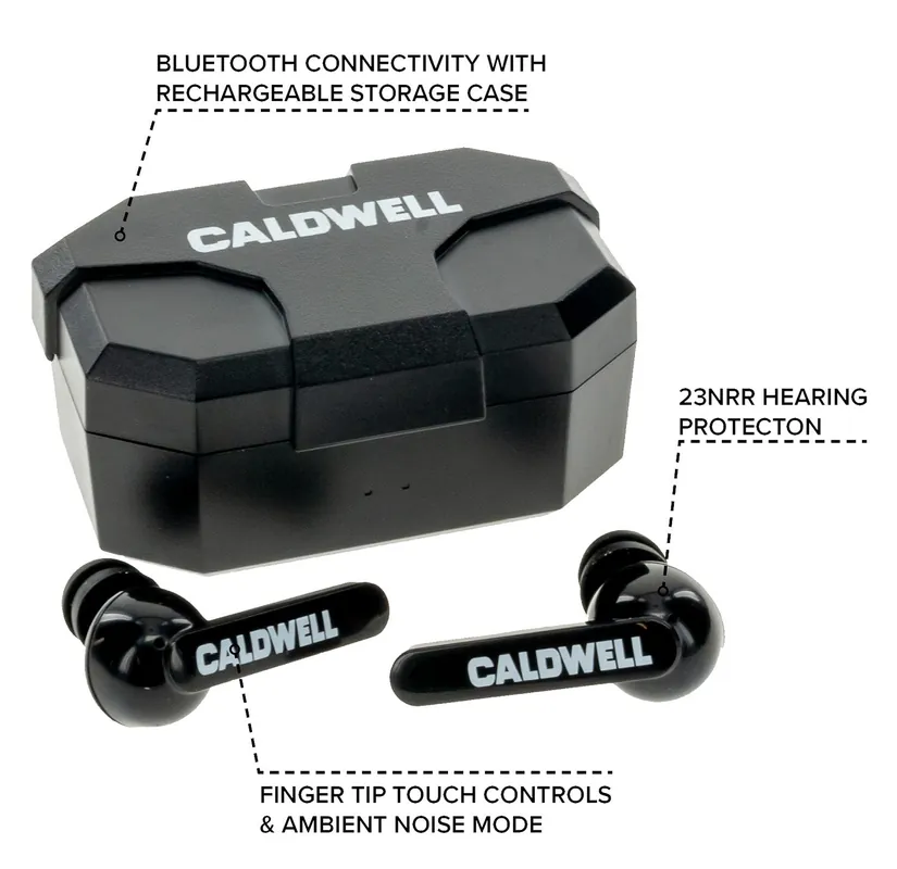 Caldwell E-Max Shadows Rechargeable 23 dB Wireless Earbuds with Bluetooth for Adults Includes Storage Case & Multiple Size Tips