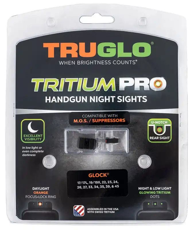 TruGlo Tritium Pro Night Sights 3-Dot Low Set Green with Orange Outline Front, Green Rear with Nitride Fortress Finished Frame for MOS Glock 17,19,34,35,45