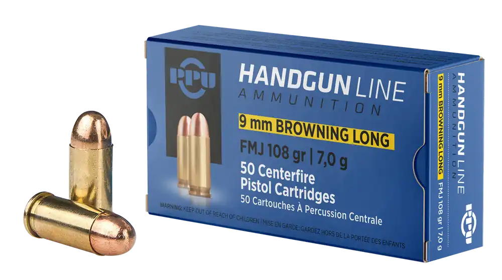 PPU Handgun 9mm Browning Long 108 gr Full Metal Jacket (FMJ) 50 Bx/ 20 Cs