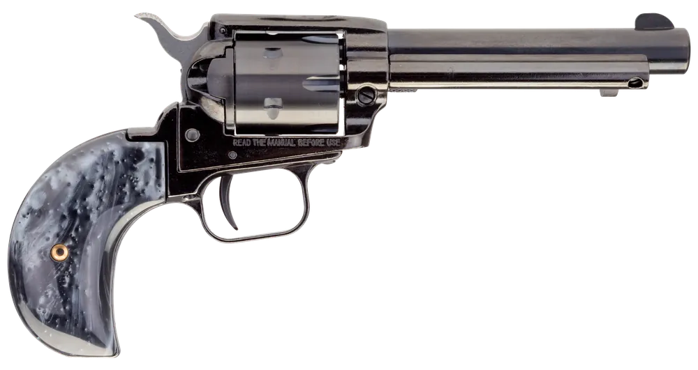 Heritage Mfg RR22MB4BHBPRL Rough Rider 22 LR or 22 WMR Caliber with 4.75" Barrel, 6rd Capacity Cylinder, Overall Black Metal Finish & Black Pearl Birdshead Grip Includes Cylinder
