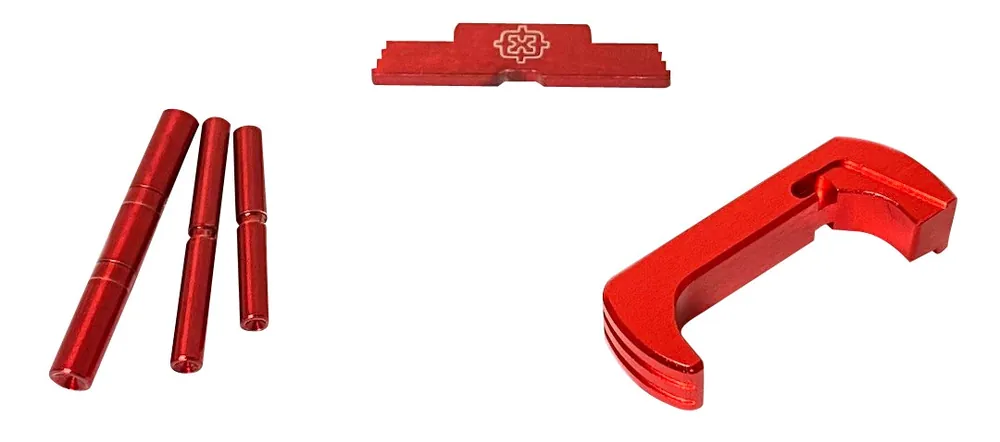 Cross Armory 3 Piece Kit Dimpled Pin Set, Extended Magazine Catch and Extended Slide Lock Red Anodized Aluminum/Steel for Most Glock Gen1-3