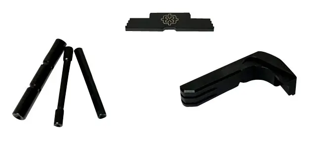 Cross Armory 3 Piece Kit Dimpled Pin Set, Extended Magazine Catch & Extended Slide Lock Black Anodized Aluminum/Steel for Most Glock Gen4