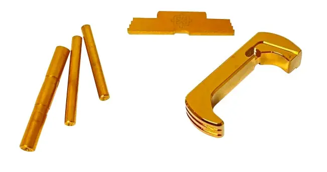 Cross Armory 3 Piece Kit Dimpled Pin Set, Extended Magazine Catch & Extended Slide Lock Gold Anodized Aluminum/Steel for Most Glock Gen4