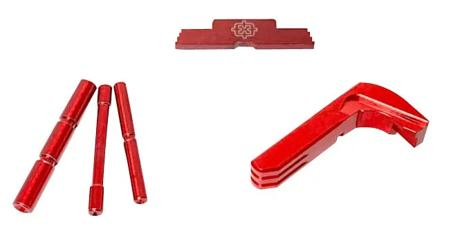 Cross Armory 3 Piece Kit Dimpled Pin Set, Extended Magazine Catch & Extended Slide Lock Red Anodized Aluminum/Steel for Most Glock Gen4