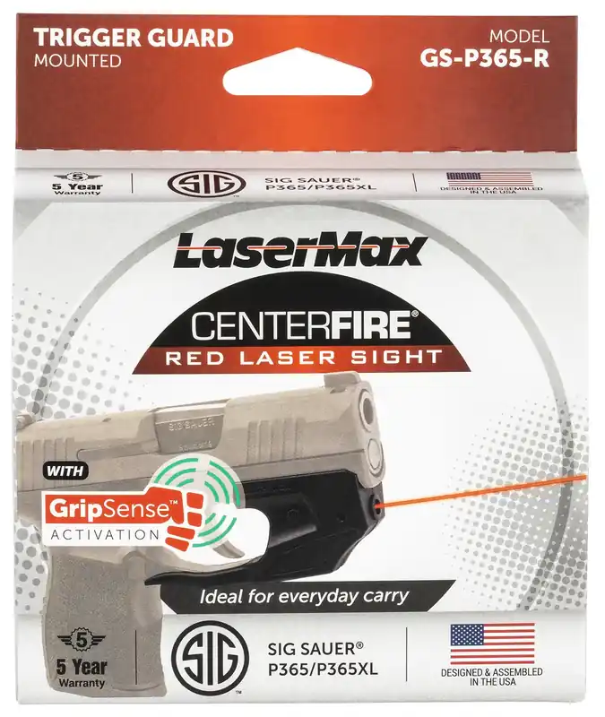 LaserMax Centerfire Laser 5mW Red Laser with 650nM Wavelength, GripSense & Black Finish for Sig P365, P365 XL, P365 SAS