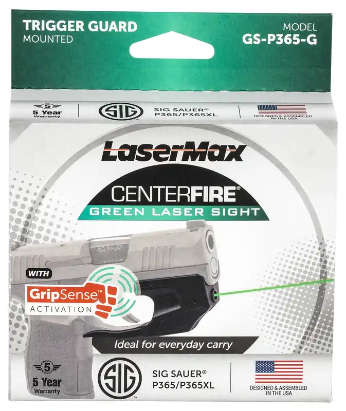 LaserMax Centerfire Laser 5mW Green Laser with 650nM Wavelength, GripSense & Black Finish for Sig P365, P365 XL, P365 SAS