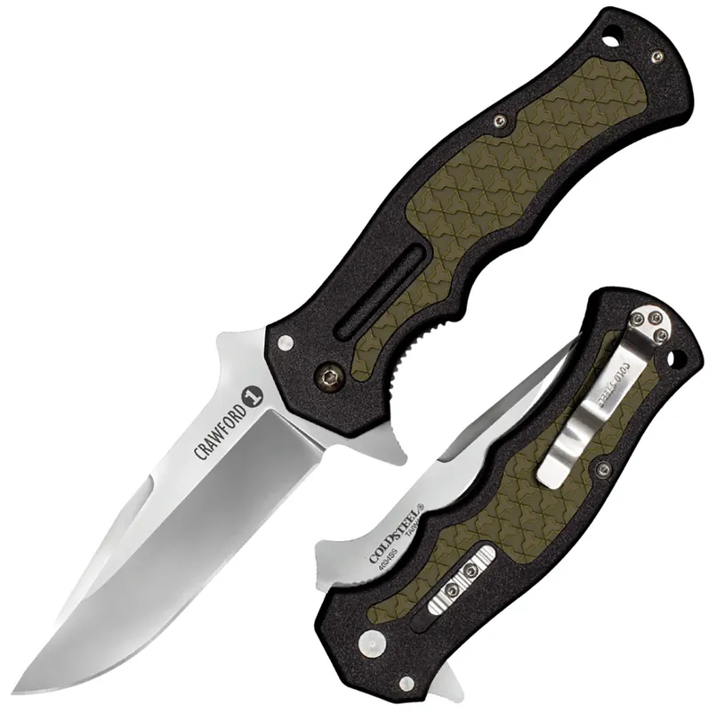 Cold Steel Crawford Model 1 3.50" Folding Plain 4034 Stainless Steel Blade/Black w/OD Green Traction Inlays GRN Handle Includes Pocket Clip