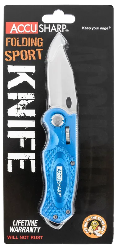 AccuSharp Sport 3" Folding Plain Stainless Steel Blade/Blue Anodized Aluminum Handle Includes Belt Clip