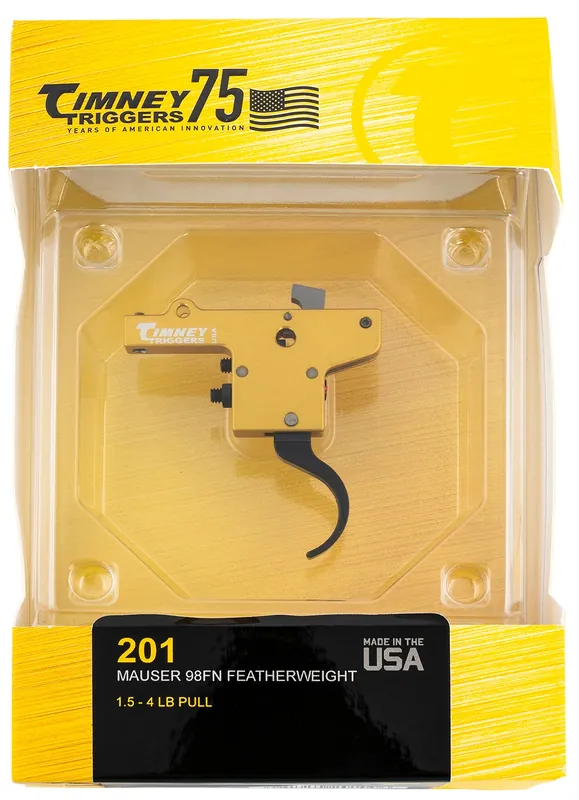 Timney Triggers Featherweight Curved Trigger with 3 lbs Draw Weight & Yellow/Black Finish for Mauser 98FN
