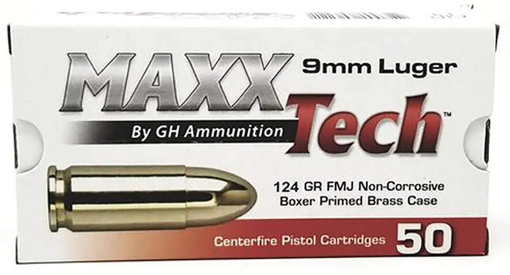 MaxxTech Brass Pistol 9mm Luger Ammo 124gr Full Metal Jacket 50 Rounds PTGB912B