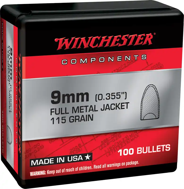 Winchester Ammo Centerfire Handgun Reloading 9mm .355 115 gr Full Metal Jacket Flat Base (FMJFB) 100 Per Box