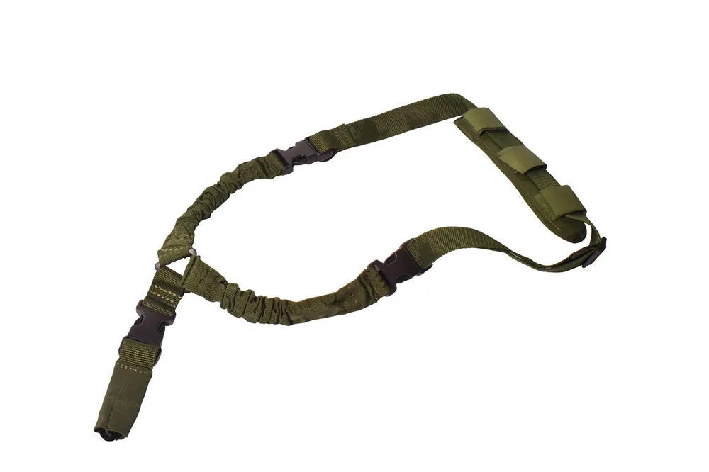 Rukx Gear Tactical Single Point Sling 1.25" Wide Adjustable Bungee made of Green Nylon with Foam Padding & Side Release Buckles
