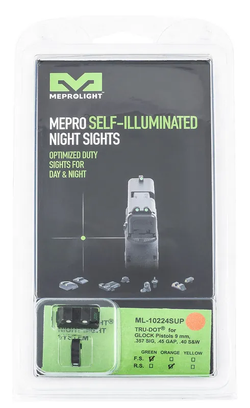 Meprolight USA Mepro Tru-Dot Fixed Sights Self-Illuminated Green Tritium Front & Orange Rear with Black Frame for Most Glock