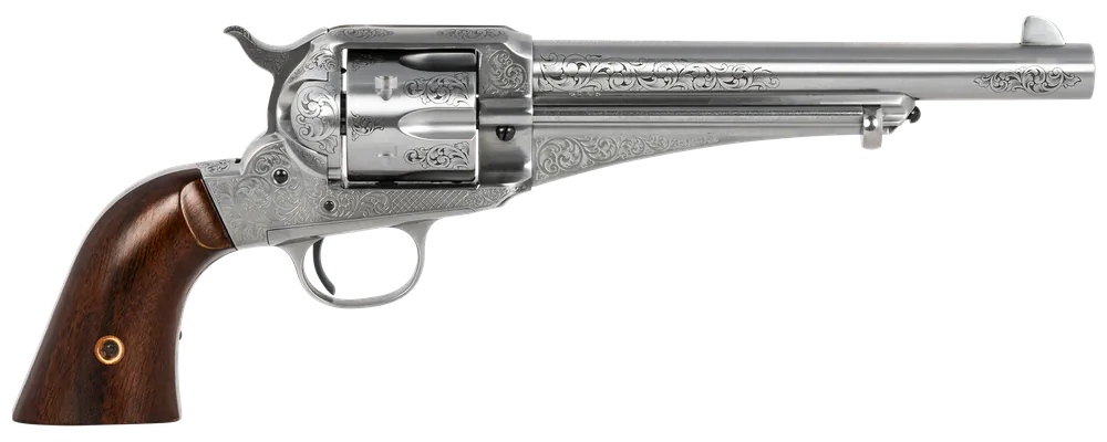 Taylors & Company 550389 1875 Army Outlaw 45 Colt (LC) Caliber with 7.50" Barrel, 6rd Capacity Cylinder, Overall White Engraved Finish Steel & Walnut Grip