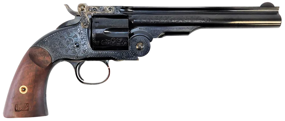 Taylors & Company 550644 Top Break Schofield 45 Colt (LC) 6rd 7" Blued Engraved Steel Walnut Grip