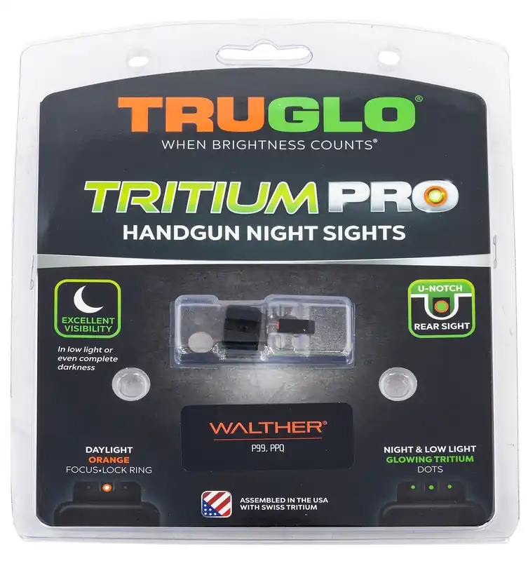 TruGlo Tritium Pro Night Sights Square Green with Orange Outline Front/U-Notch Green Rear with Nitride Fortress Finished Frame for Walther PPQ