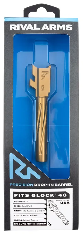 Rival Arms Precision V1 Drop-In Barrel 9mm Luger 4.17" Gold PVD Finish 416R Stainless Steel Material for Glock 48