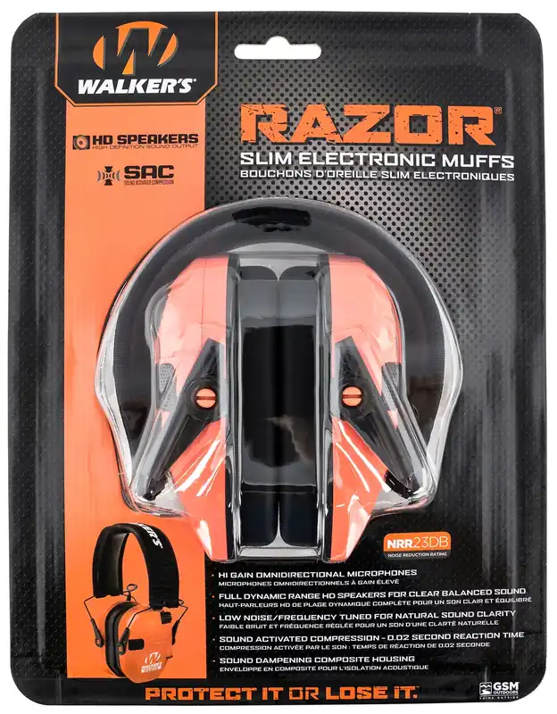 Walker‘s Razor Slim Electronic Muff 23 dB Over the Head Polymer Coral Ear Cups