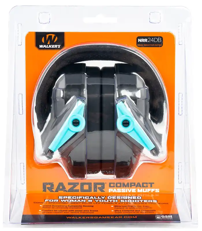 Walker‘s Razor Compact Passive Muff 24 dB Over the Head Polymer Teal Ear Cups (Youth, Women)