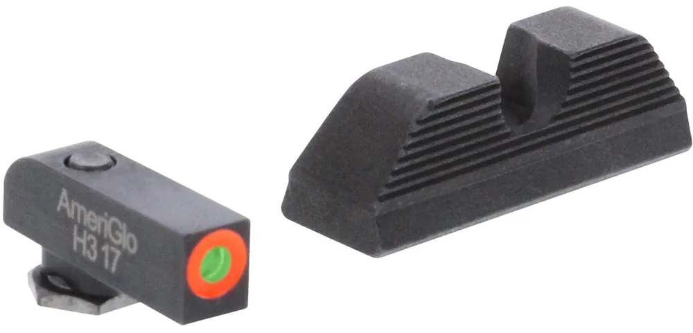 AmeriGlo UC Set 3-Dot Tritium Green with Orange Outline Front, Black Serrated U-Notch Rear Black Frame for Glock 17,19,19x,26,34,45 Gen5