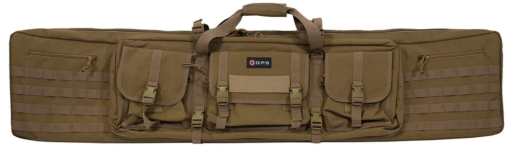 G*Outdoors Double Rifle Case Flat Dark Earth 600D Polyester with 2 Padded Pistol Sleeves, MOLLE Webbing & Lockable Zippers 55 L x 12.75" H x 9" W Exterior Dimensions"
