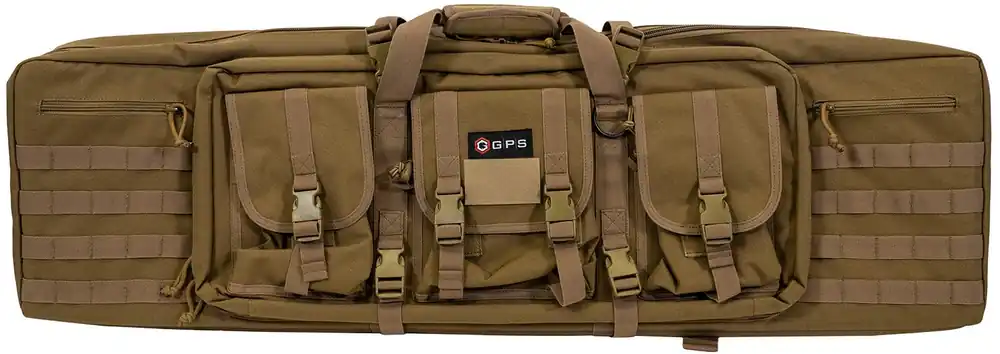 G*Outdoors Double Rifle Case Flat Dark Earth 600D Polyester with 2 Padded Pistol Sleeves, MOLLE Webbing & Lockable Zippers 42 L x 12.75" H x 9" W Exterior Dimensions"