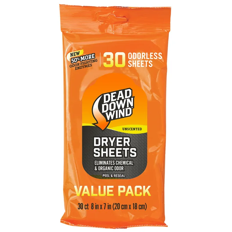 Dead Down Wind Dryer Sheets Odor Eliminator Odorless Scent 30 Per Pkg
