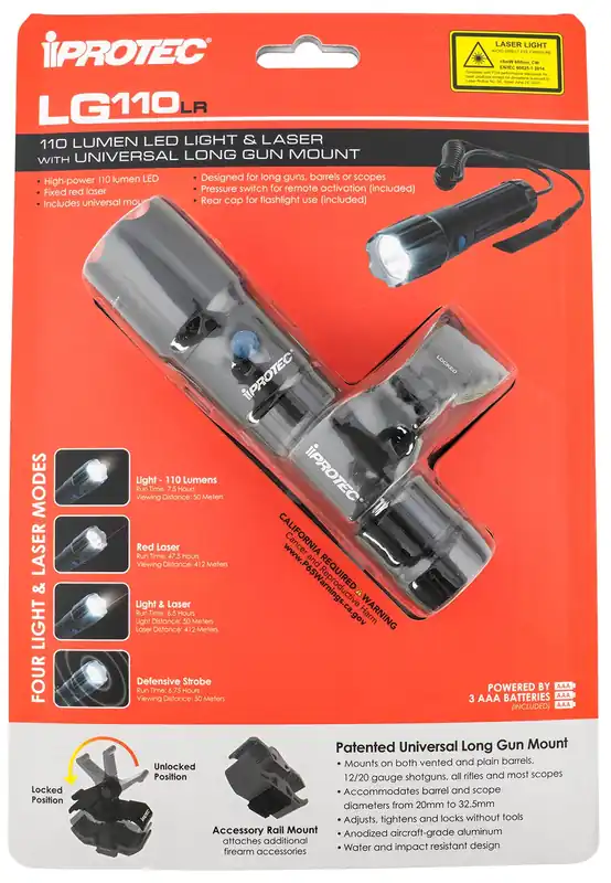 iProtec LG110LR 5mW Red Laser with 650nM Wavelength, 110 Lumens White LED Light Black Finish for Rail-Equipped Long Guns