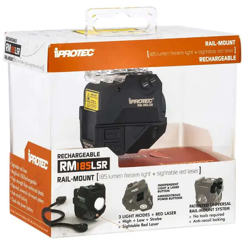 iProtec RM185LSR Rechargeable 5mW Red Laser with 650 nm Wavelength Red, 56 Lumens Low-185 Lumens Hight White Light Black Finish for Rail-Equipped Long Guns, Handguns