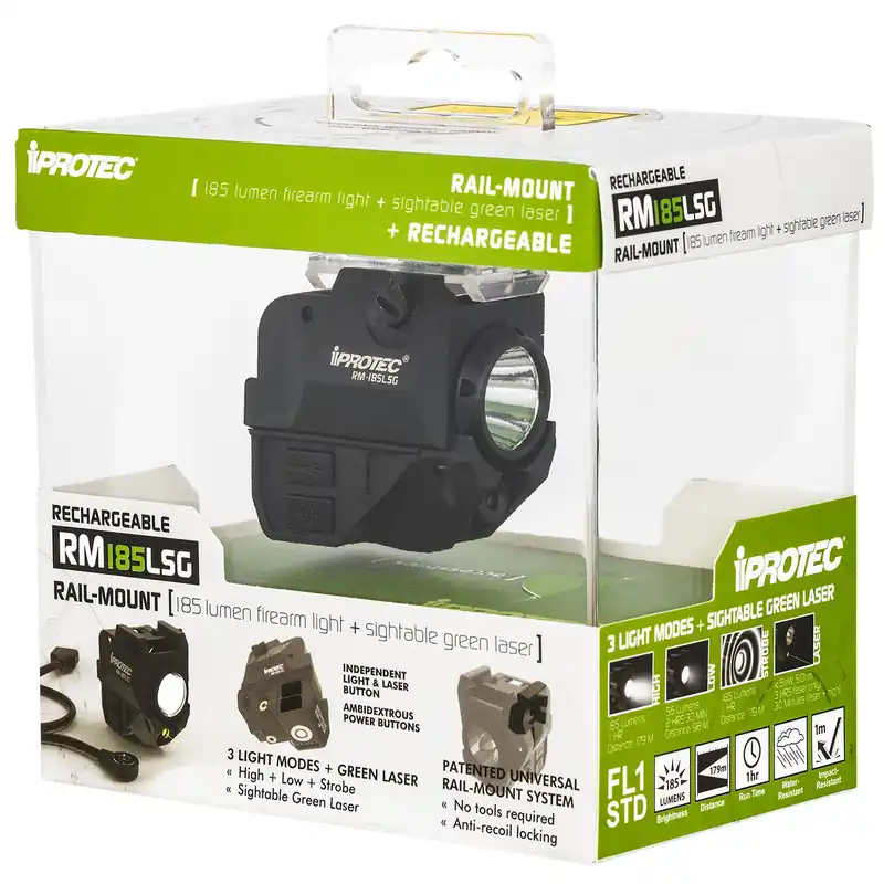 iProtec Rechargeable 5mW Green Laser with 532 nm Wavelength, 56 Lumens Low-185 Lumens Hight White Light Black Finish for Rail-Equipped Long Guns, Handgun
