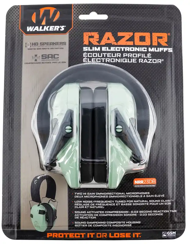Walker‘s Razor Slim Electronic Muff 23 dB Over the Head Polymer Sage Green Ear Cups, Adult