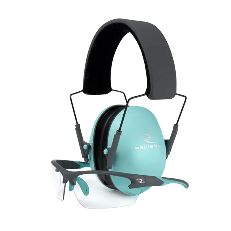 Radians G4 Junior Shooting Glasses 99.9% UV Rated Clear Lens with Charcoal Gray & & Aqua Blue Ear Cups
