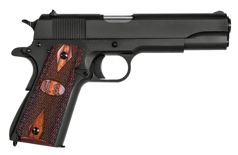 Auto-Ordnance 1911-A1 GI Spec 9mm Luger Caliber with 5" Barrel, 9+1 Capacity, Matte Black Finish Carbon Steel Frame & Slide with Integrated US Logo Checkered Wood Grip